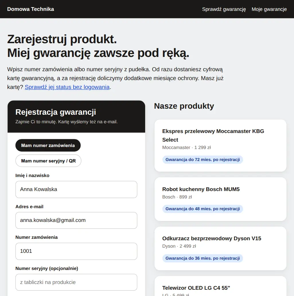 Strona sklepu z AGD: formularz Rejestracja gwarancji z polami imię, e-mail i numer zamówienia, obok lista produktów z okresem gwarancji po rejestracji.