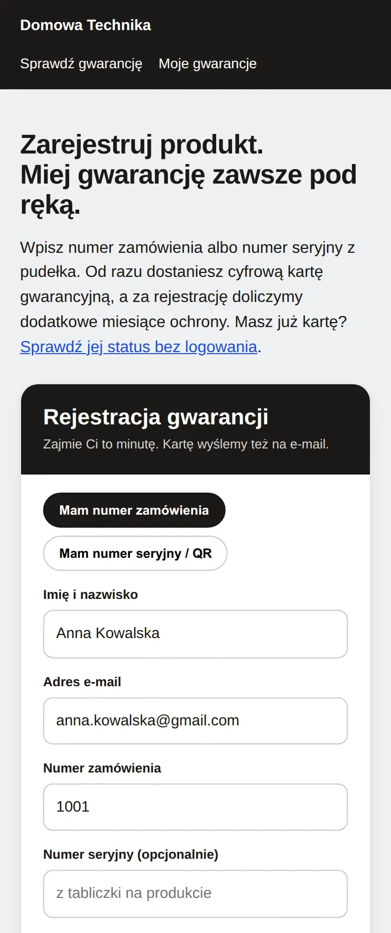 Telefon: strona sklepu z formularzem rejestracji gwarancji.