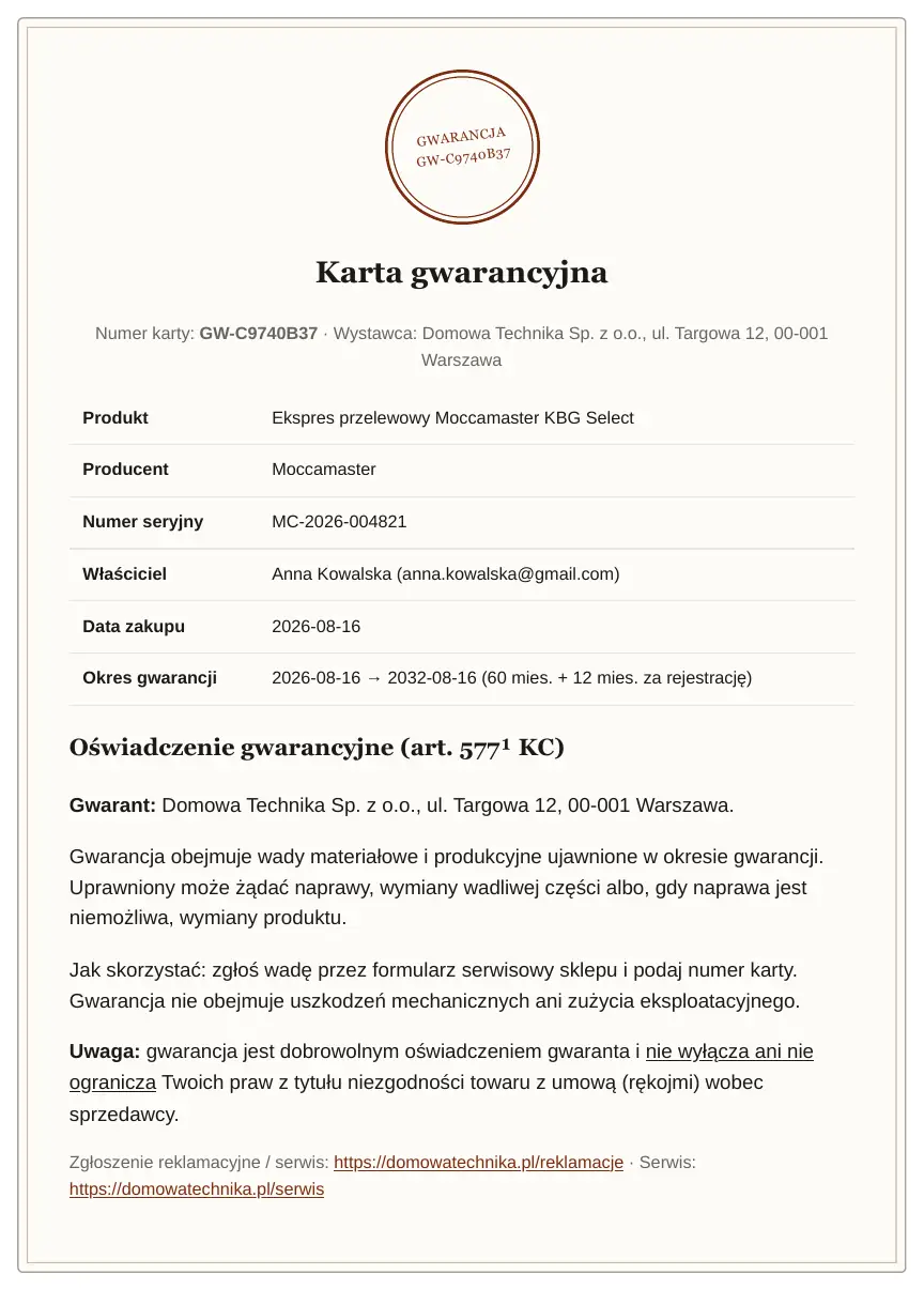 Karta gwarancyjna w wyglądzie Certyfikat: pieczęć, dane produktu i właściciela, okres gwarancji, oświadczenie gwarancyjne i dane sklepu.