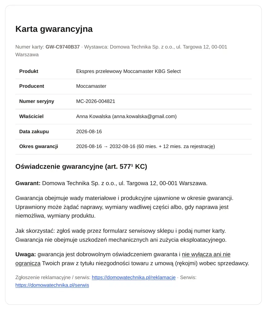 Karta gwarancyjna w wyglądzie Nowoczesny: tabela z danymi produktu i właściciela oraz oświadczenie gwarancyjne.