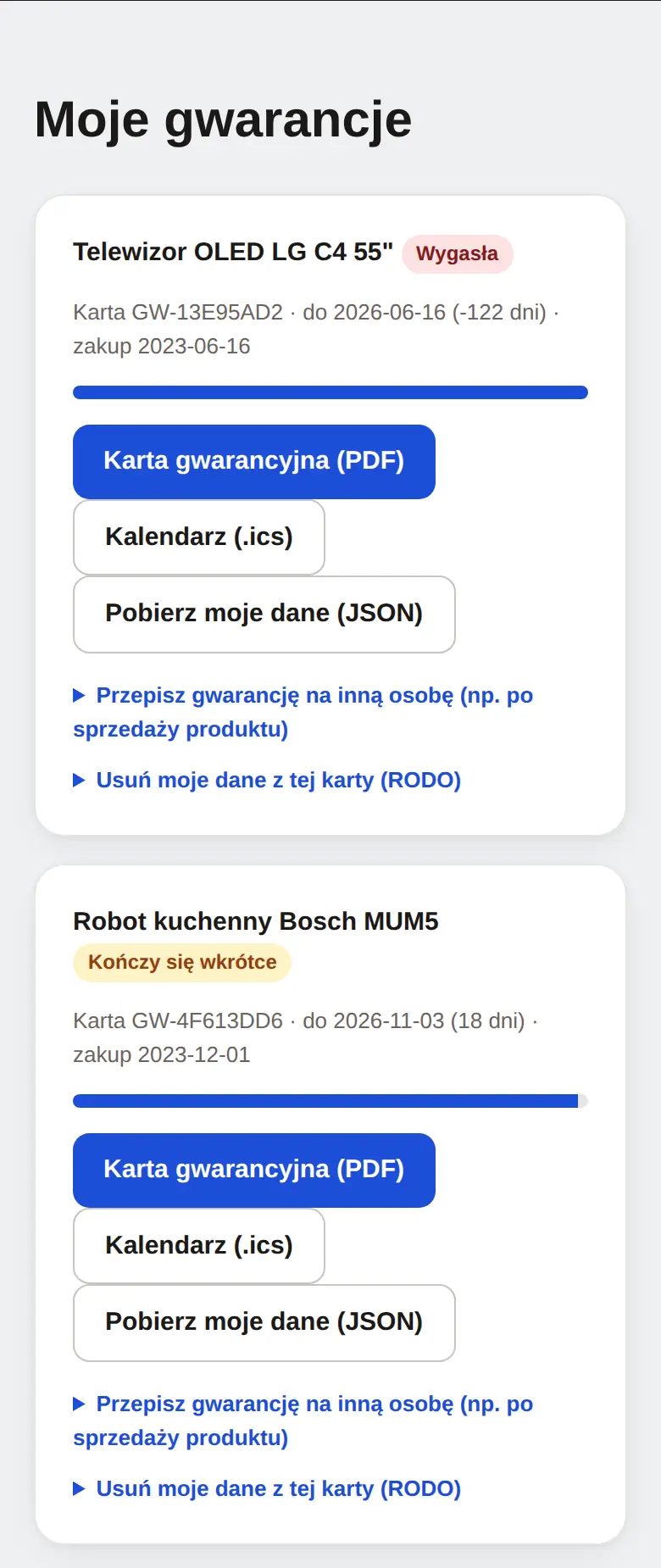 Telefon: lista gwarancji klienta ze statusami.