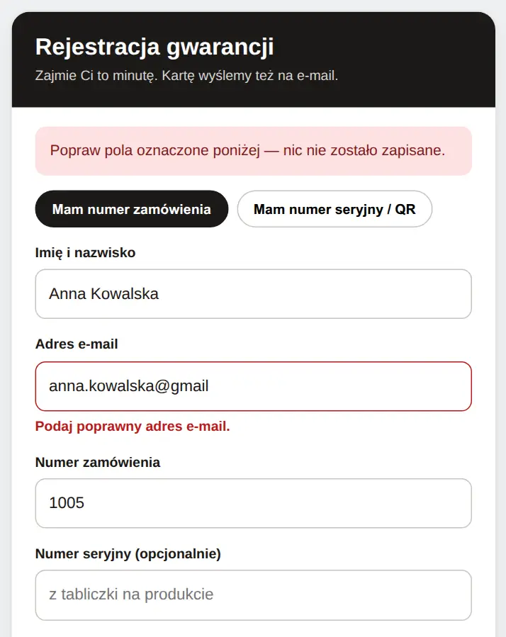 Formularz z błędami przy polach: niepoprawny adres e-mail i nieznany numer zamówienia.