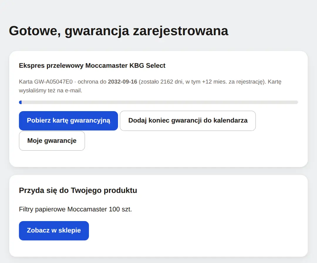 Strona po rejestracji: karta produktu z datą końca ochrony, paskiem postępu, przyciskiem pobrania karty i polecanym produktem.