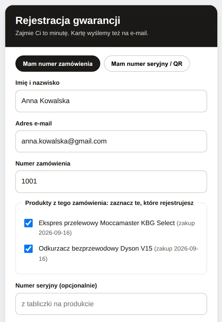 Formularz po wpisaniu numeru zamówienia: lista dwóch produktów z zamówienia z polami wyboru.