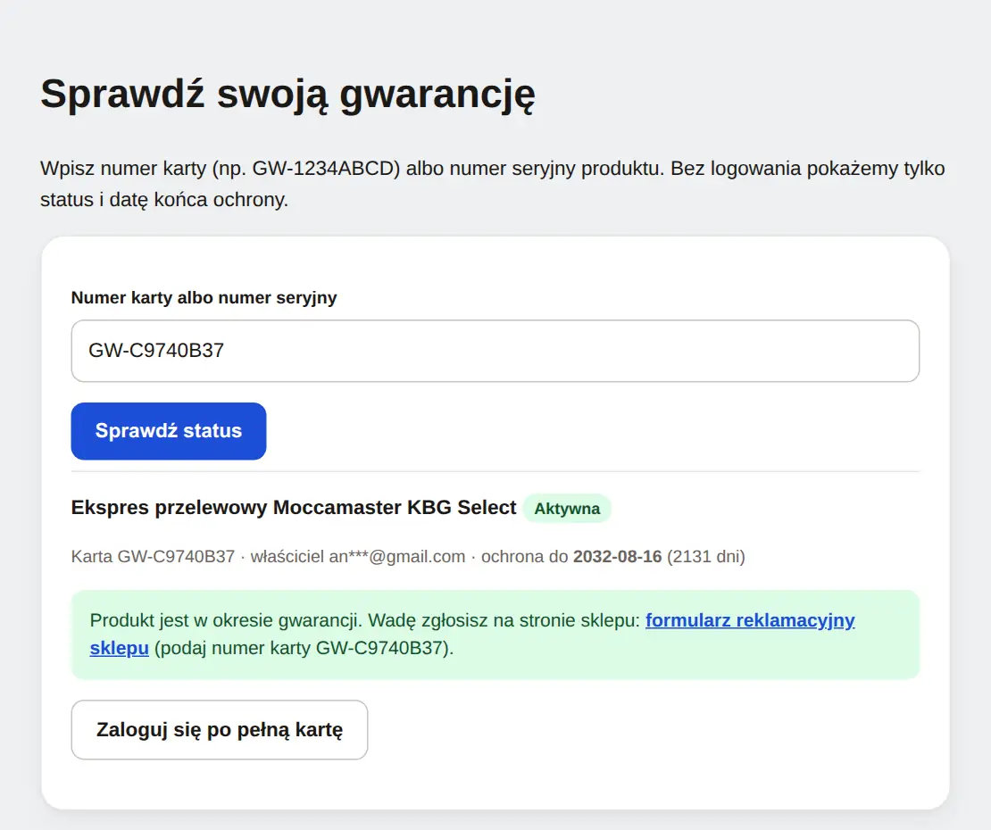Sprawdzenie statusu: karta aktywna, właściciel z zamaskowanym adresem e-mail i link do formularza reklamacyjnego sklepu.