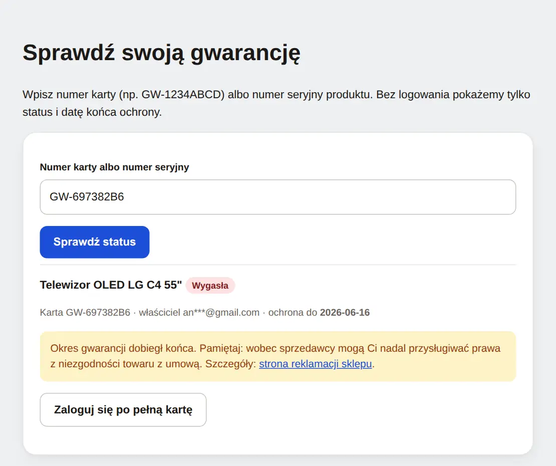 Sprawdzenie statusu: gwarancja wygasła, komunikat o prawach z tytułu niezgodności towaru z umową.