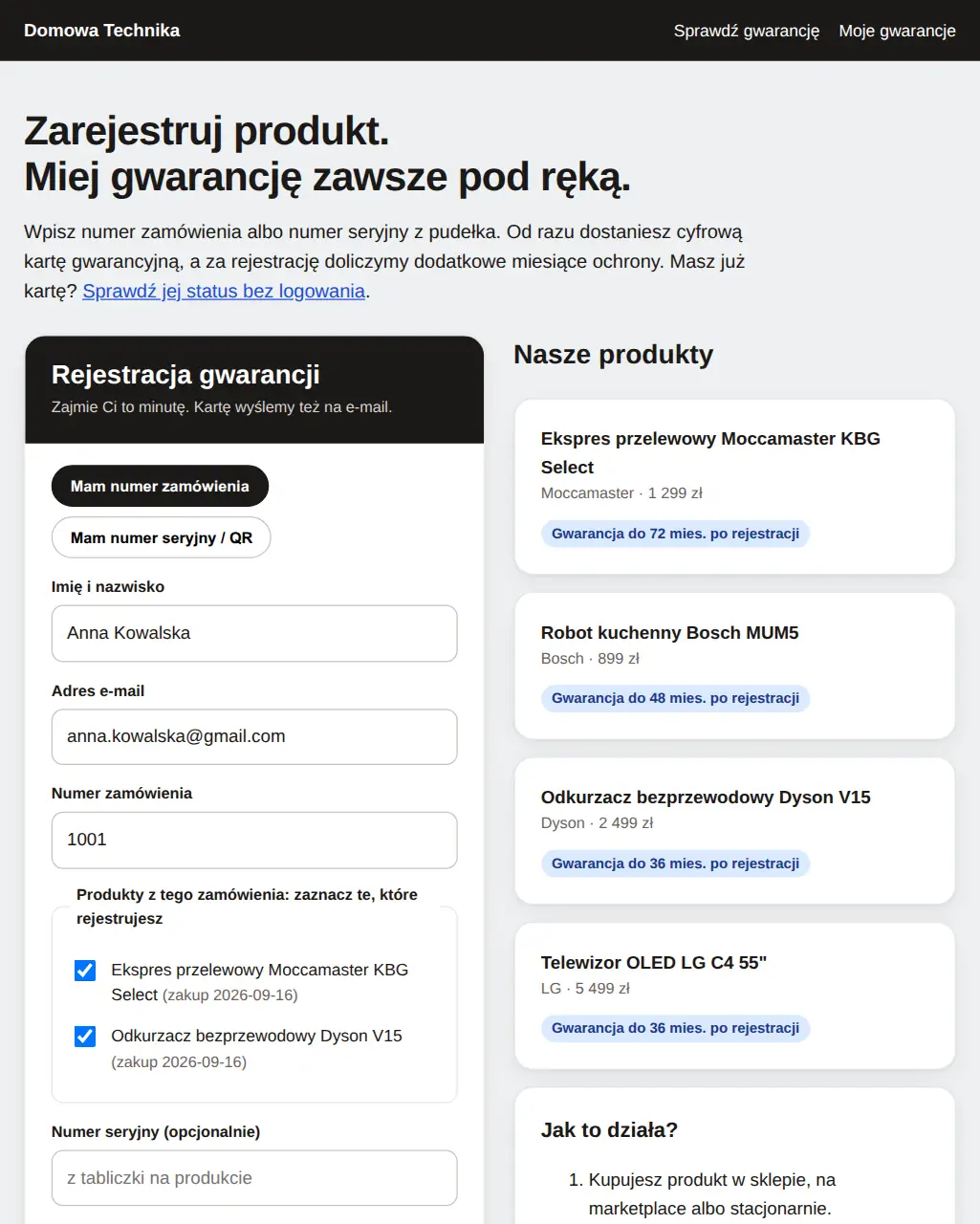Sklep z AGD i RTV: formularz po wpisaniu numeru zamówienia, z listą dwóch produktów do zaznaczenia obok listy produktów sklepu.