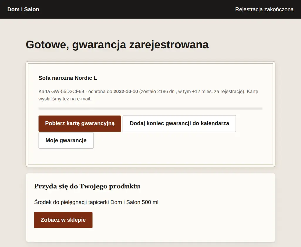 Sklep meblowy po rejestracji sofy: podziękowanie, data końca ochrony, przycisk pobrania karty i polecany środek do pielęgnacji tapicerki.